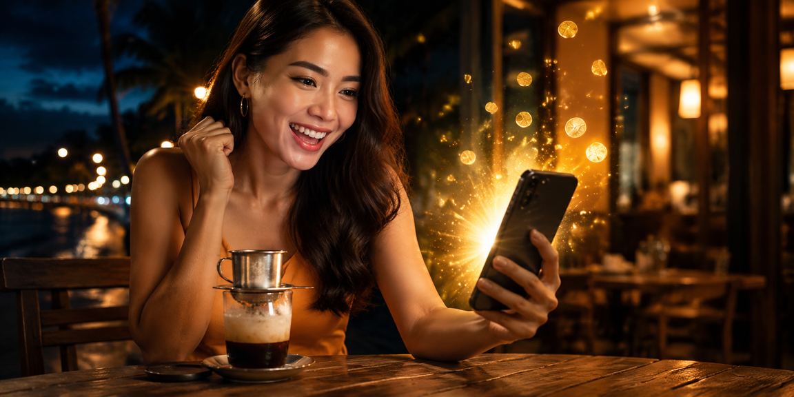Người dùng đăng ký nhận thưởng winci tại Mũi Né bên biển buổi chiều